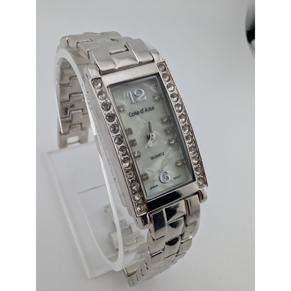 Cote d'Azur Tank Watch Women 21mm Case‎ Crystals Silver 7.25" Band- New Battery